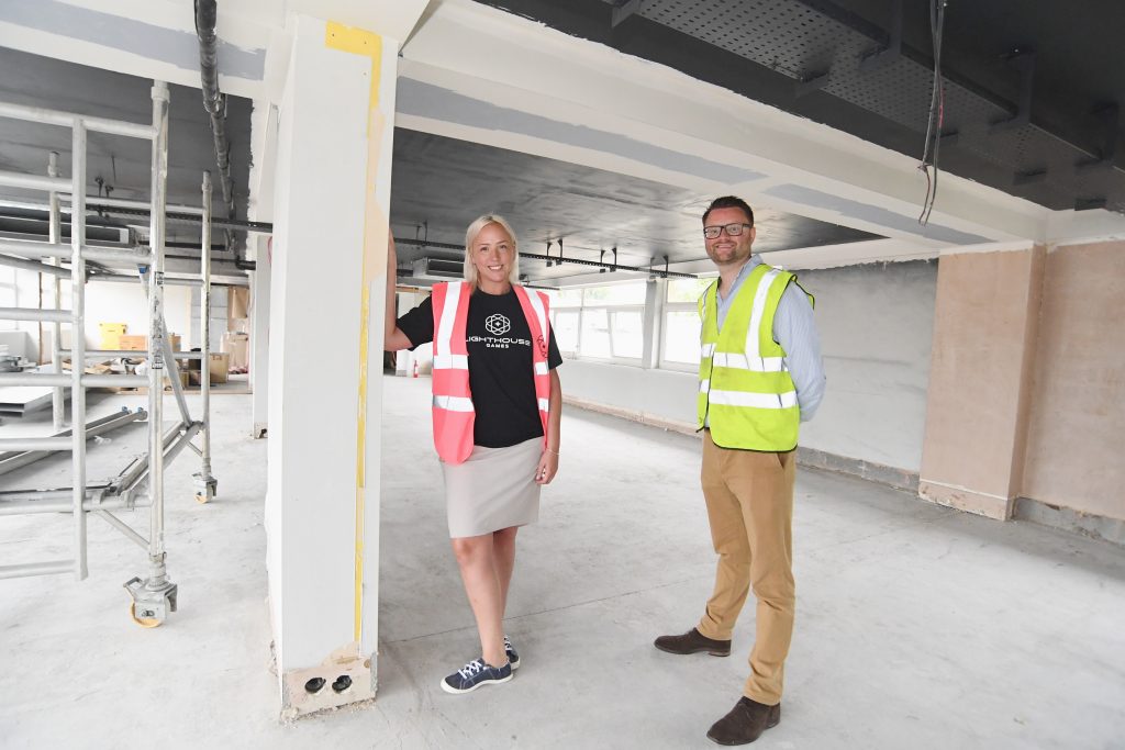 Annie Clare, Head of People at Lighthouse Games (left), with Jonathan Blood, Director at Wareing & Company, inside Lighthouse Games’ new offices at Imperial Court in Leamington