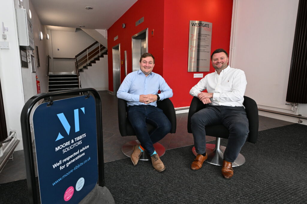 James Williams, Partner at Moore & Tibbits (left) with Jonathan Blood inside the lobby of Westgate House in Warwick